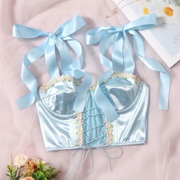 SHEIN Tops - Light Blue Satin Lace-Up Crop Top with Ribbon Straps